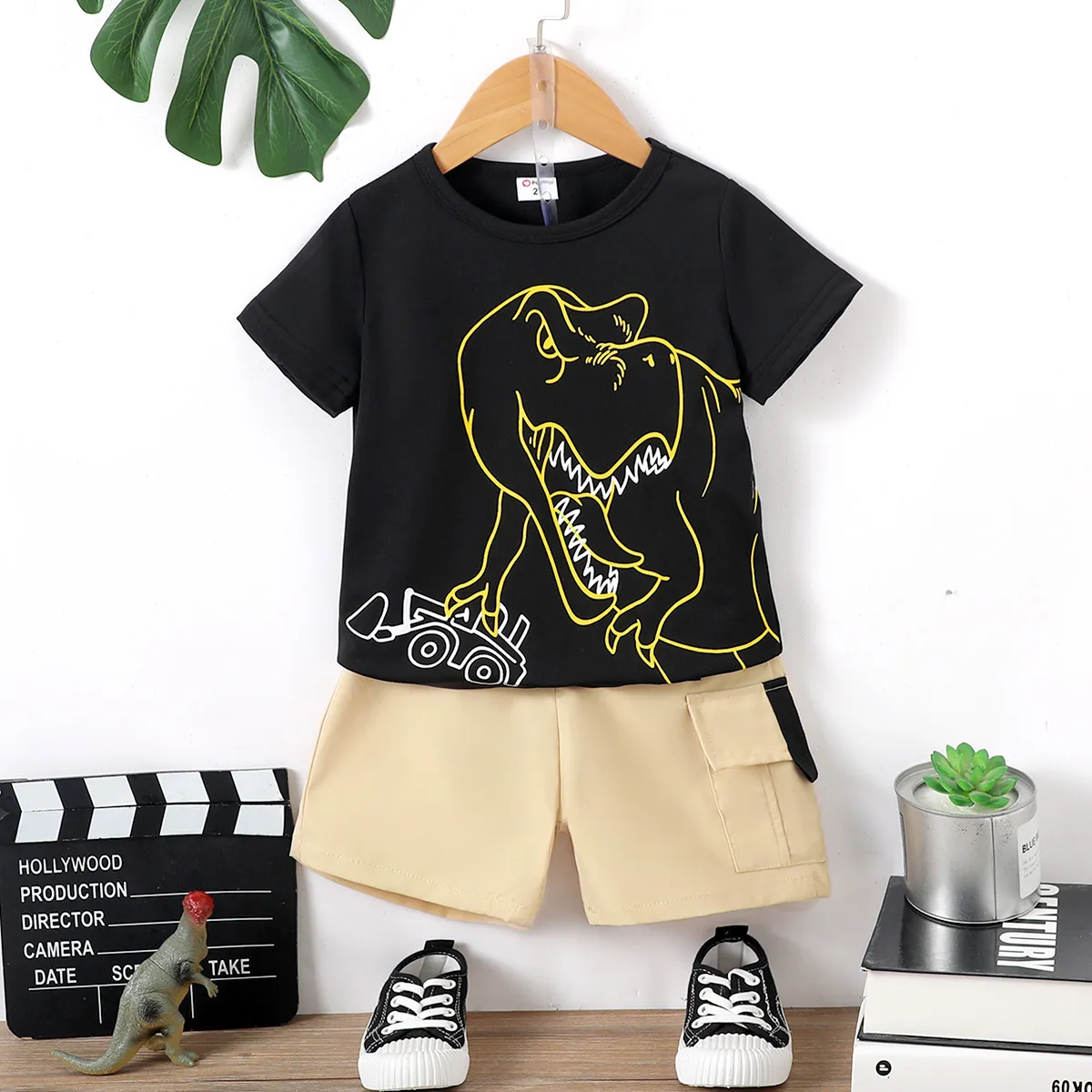 2pcs Toddler Boy Dinosaur Print Short-sleeve Tee And Cargo Shorts Set