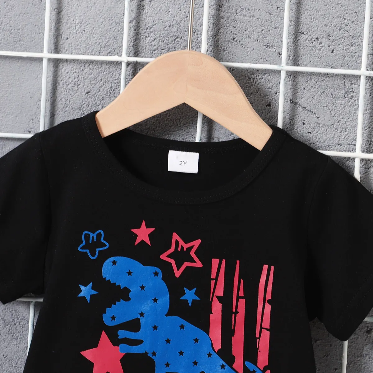 Nationalfeiertag 2 Stück Kleinkinder Jungen Löcher Kindlich Dinosaurier T-Shirt-Sets schwarz big image 1