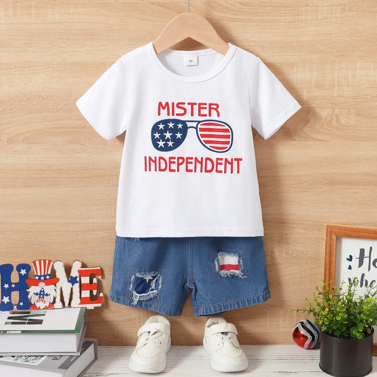 Independence Day 2pcs Toddler Boy Glasses Letter Print Cotton Tee and Ripped Denim Shorts Set