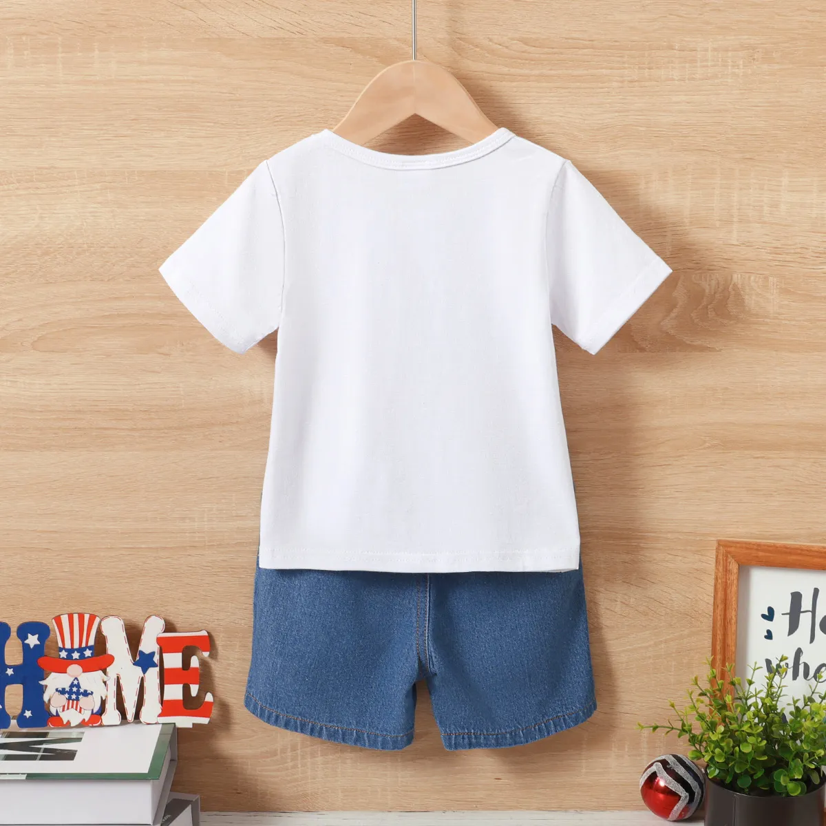 Independence Day 2pcs Toddler Boy Glasses Letter Print Cotton Tee and Ripped Denim Shorts Set White big image 1