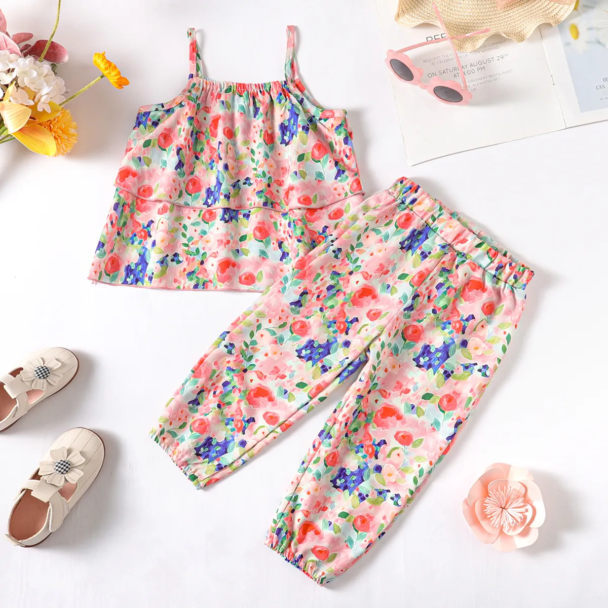 2pcs Toddler Girl Allover Floral Print Cami Top and Pants Set   big image 1