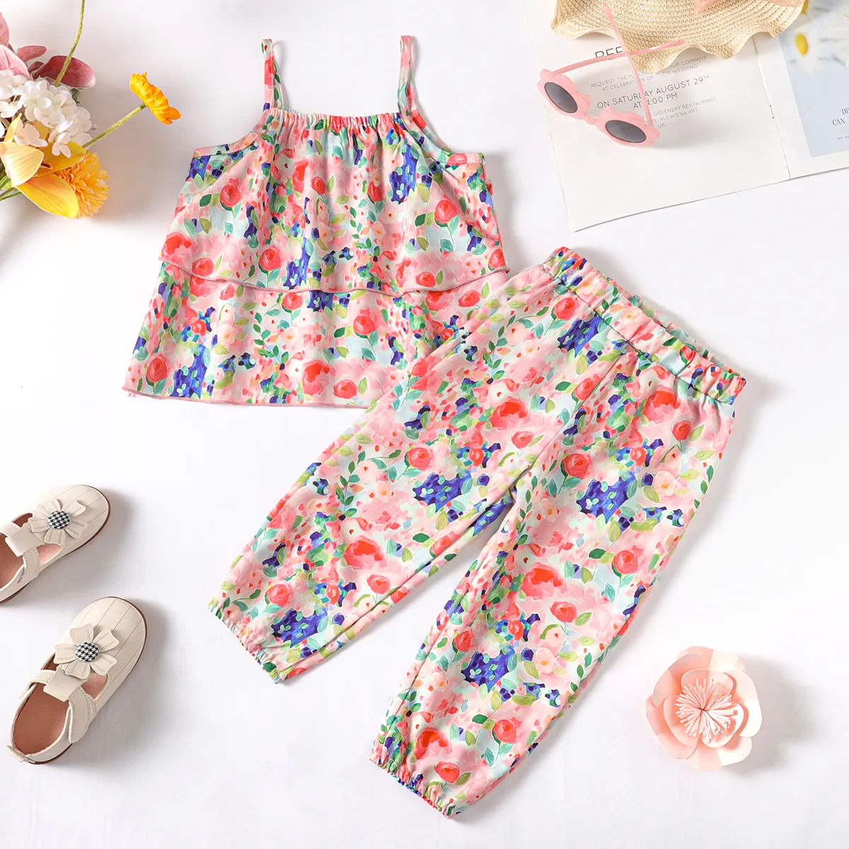 2pcs Toddler Girl Allover Floral Print Cami Top and Pants Set big image 1