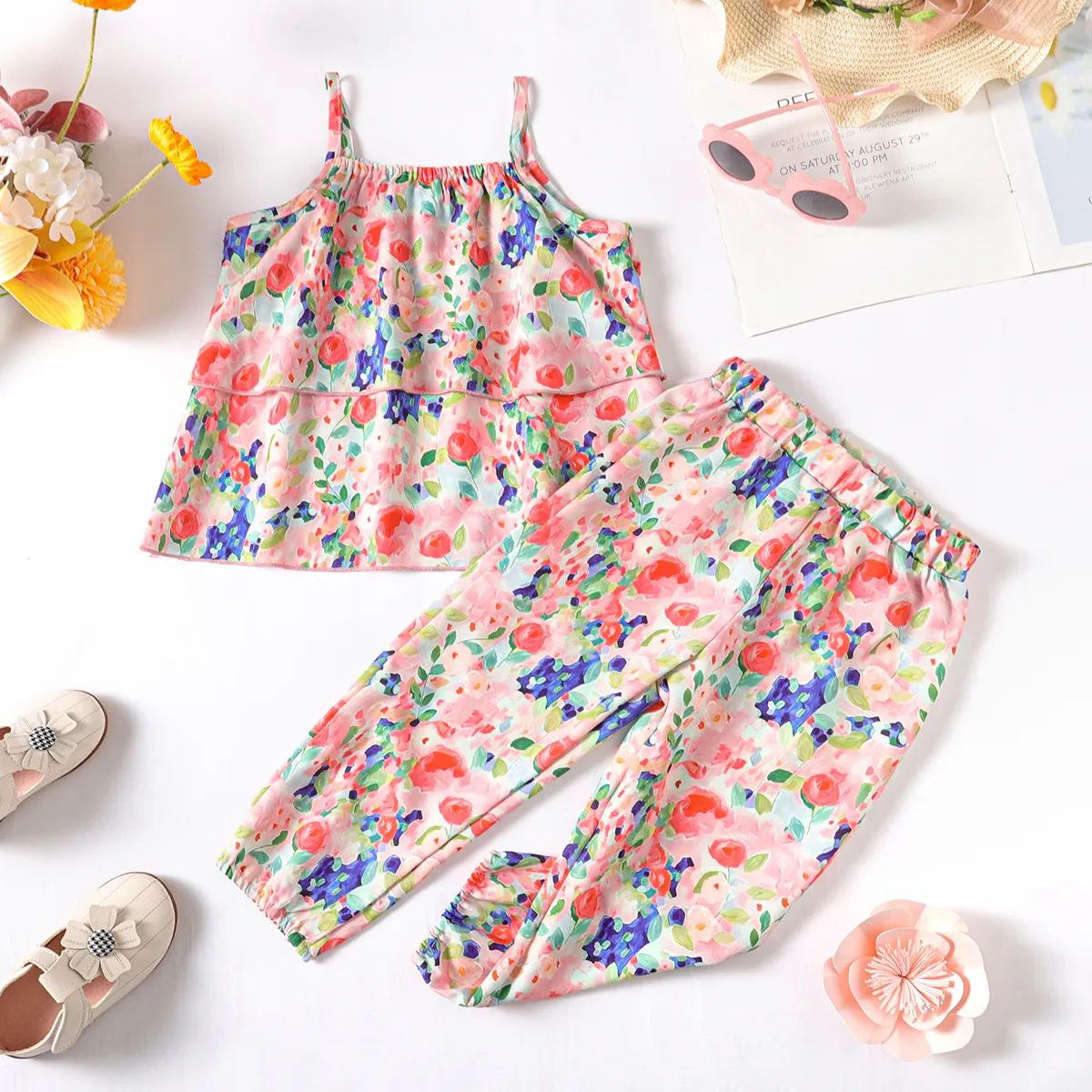2pcs Toddler Girl Allover Floral Print Cami Top and Pants Set  Pink image 2
