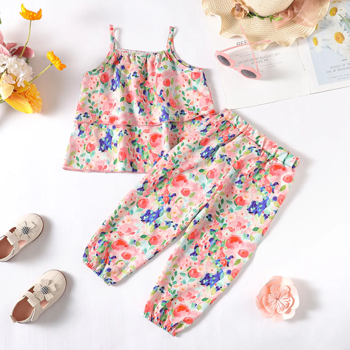 2pcs Toddler Girl Allover Floral Print Cami Top and Pants Set  Pink image 3