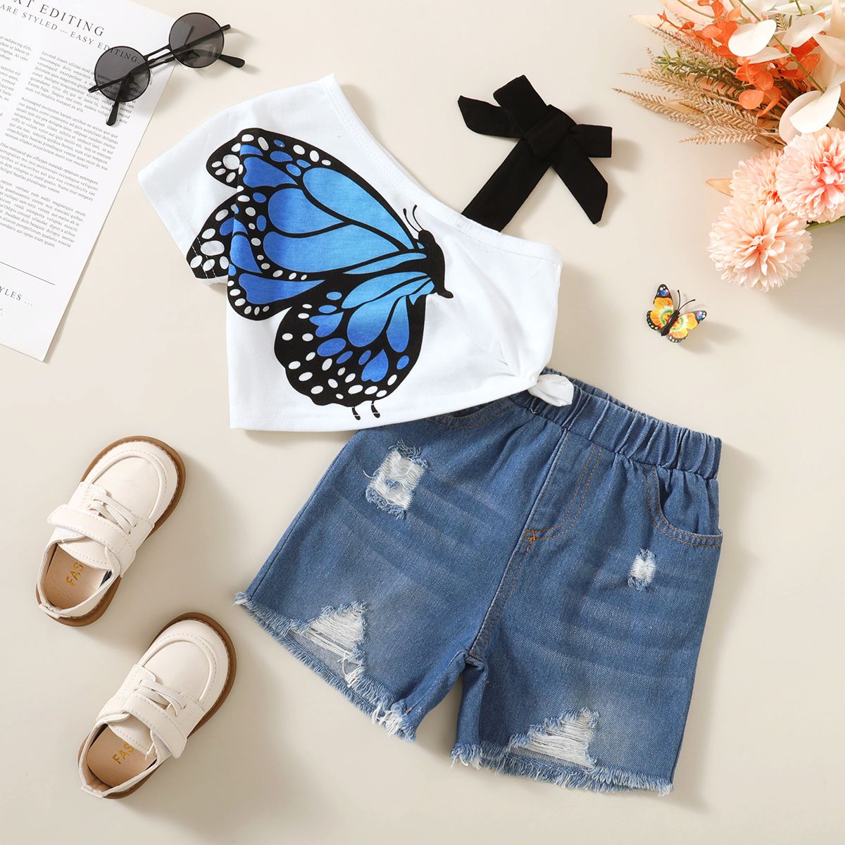 2pcs Toddler Girl Butterfly Print Sloping Shoulders Single Slip Top Et 95% Cotton Pockets Denim Ripped Shorts Set
