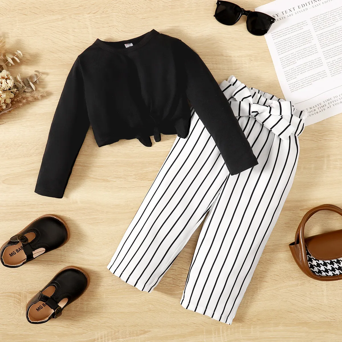2pcs Toddler Girl Knot Hem Long-sleeve Top and Belted Stripe Pants Set 