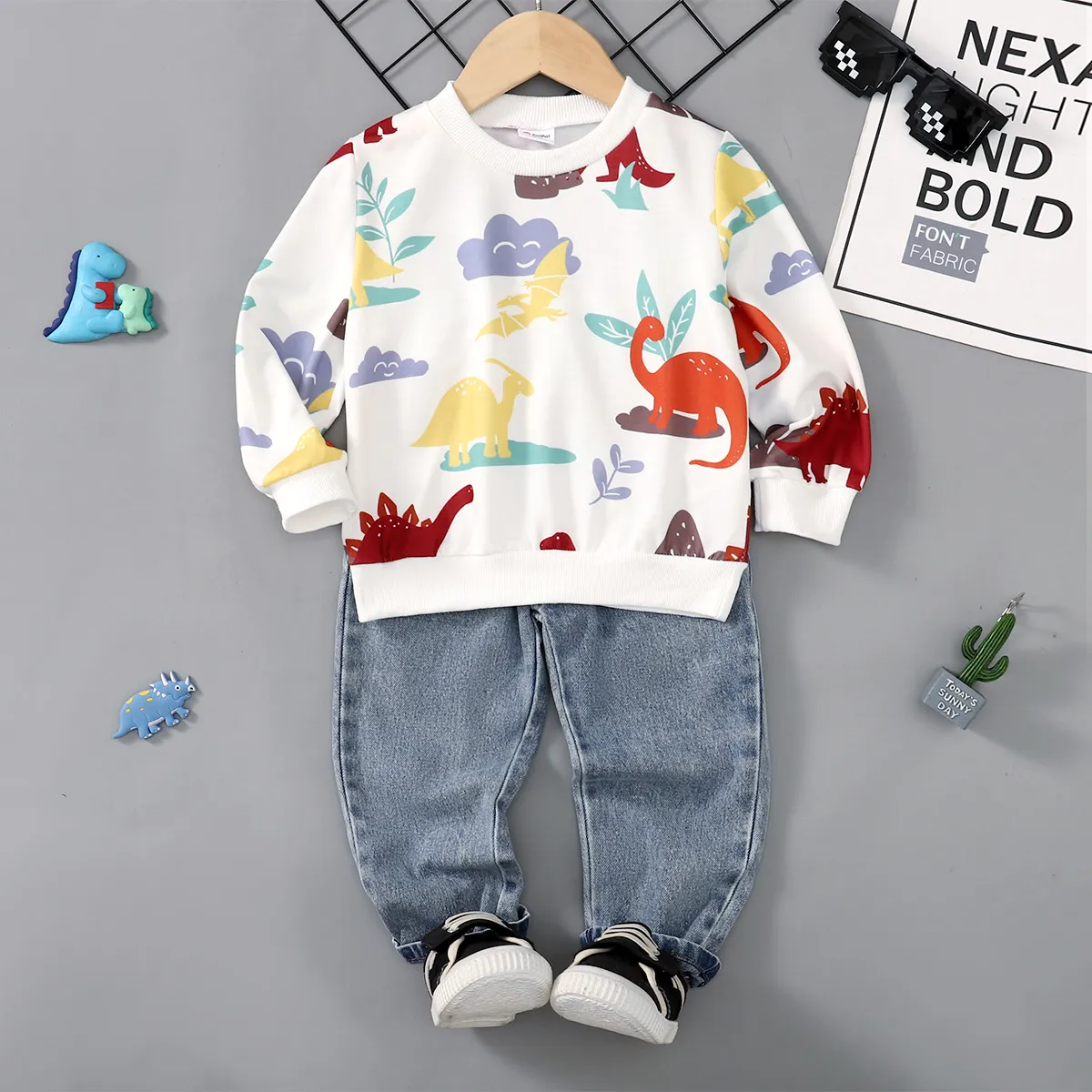 2pcs Toddler Boy Allover Dinosaur Print Long-sleeve Tee and 95% Cotton Pockets  Denim Jeans Set