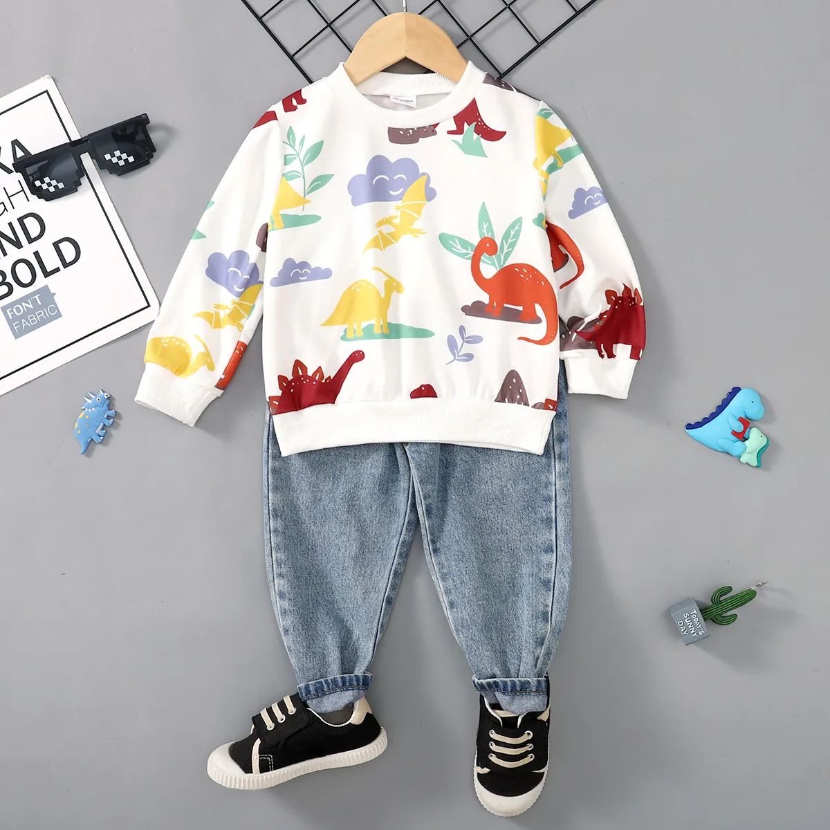 2 Stück Kleinkinder Jungen Löcher Kindlich Dinosaurier Sweatshirt-Sets weiß big image 1
