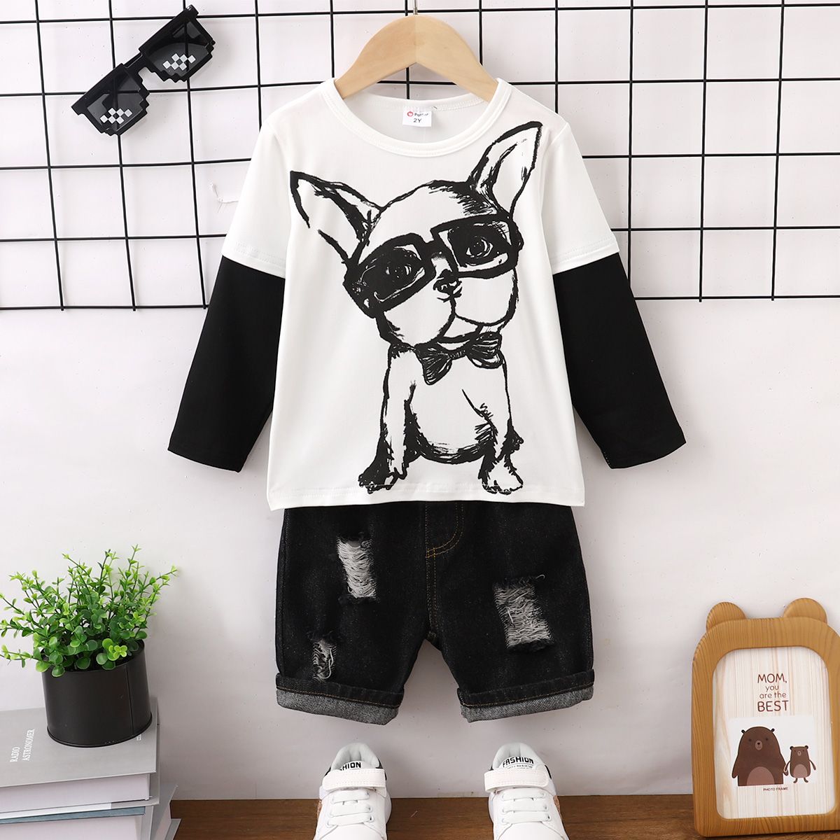 2pcs Toddler Boy Dog Print Long-sleeve Top and Ripped Denim Shorts Set