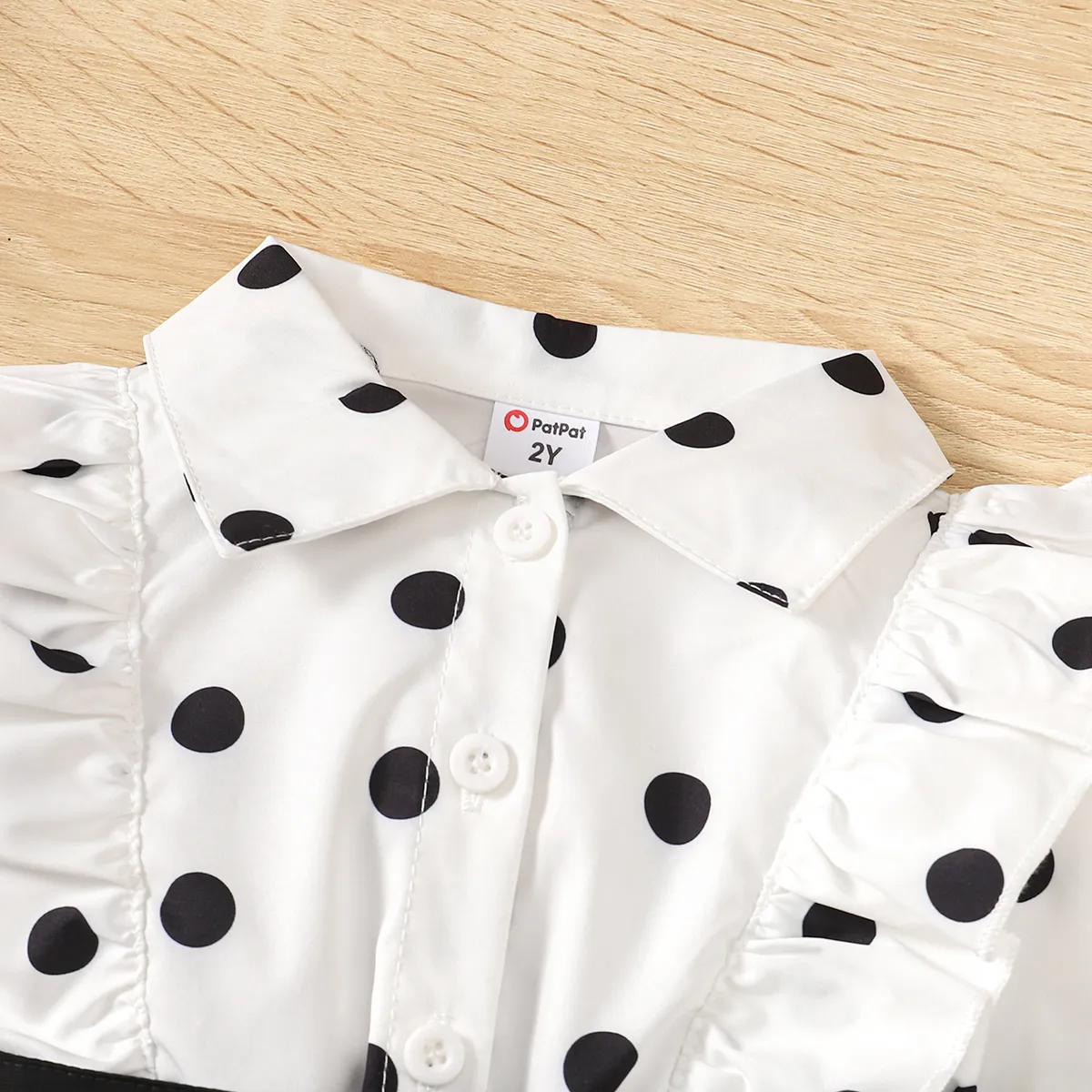 Toddler Girl Polka Dots Ruffle Trim Long-sleeve Belted Dress  Black/White image 4