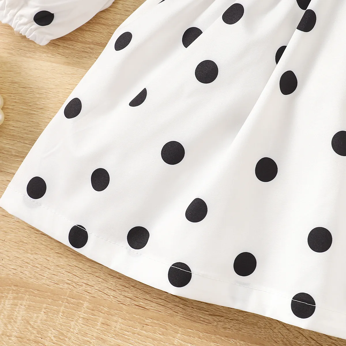 Toddler Girl Polka Dots Ruffle Trim Long-sleeve Belted Dress  Black/White image 6