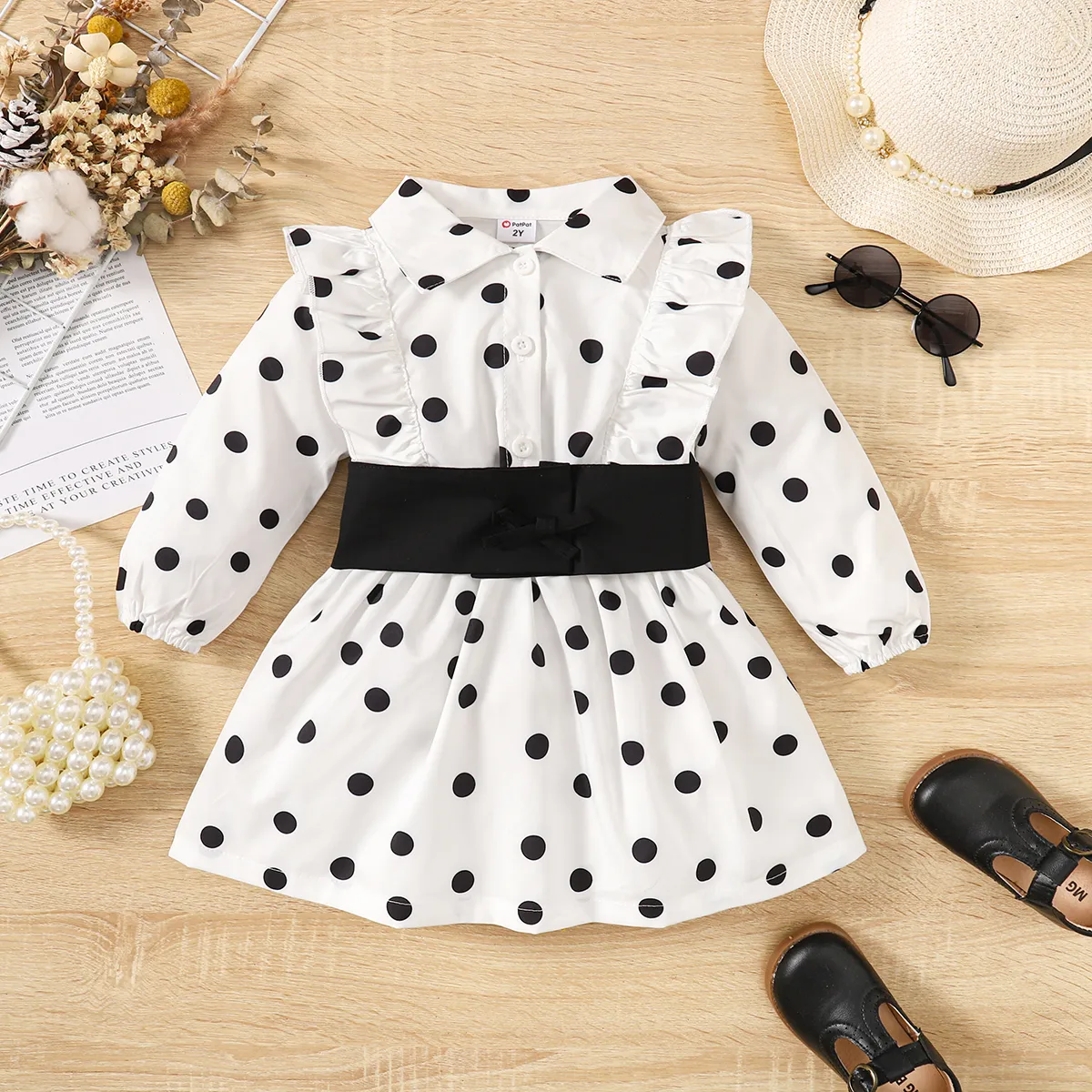 Toddler Girl Polka Dots Ruffle Trim Long-sleeve Belted Dress  Black/White big image 1