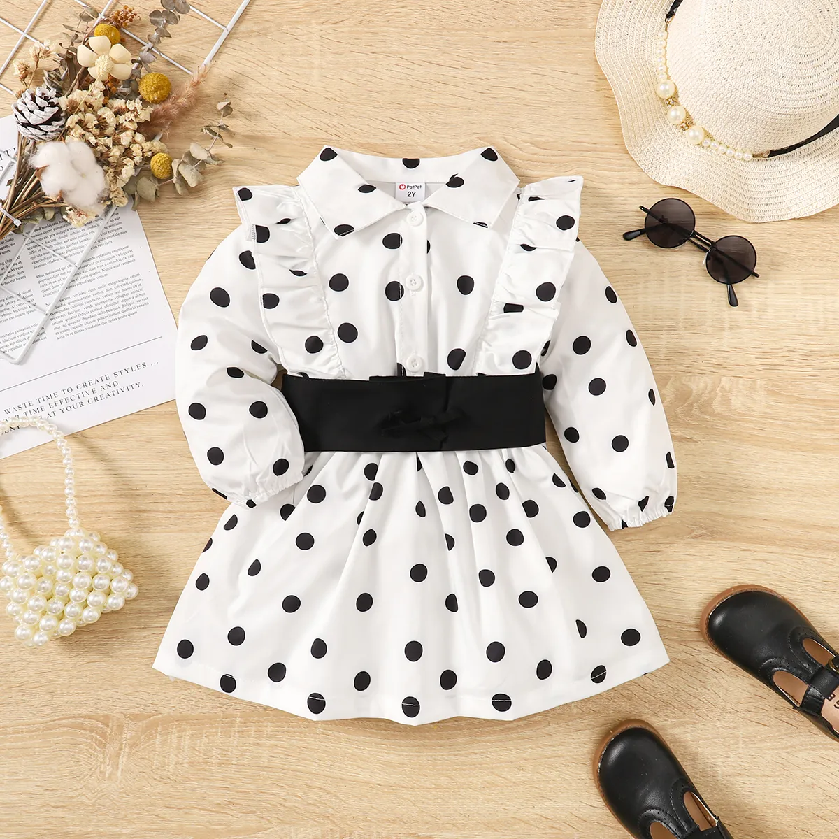 Toddler Girl Polka Dots Ruffle Trim Long-sleeve Belted Dress  Black/White image 2