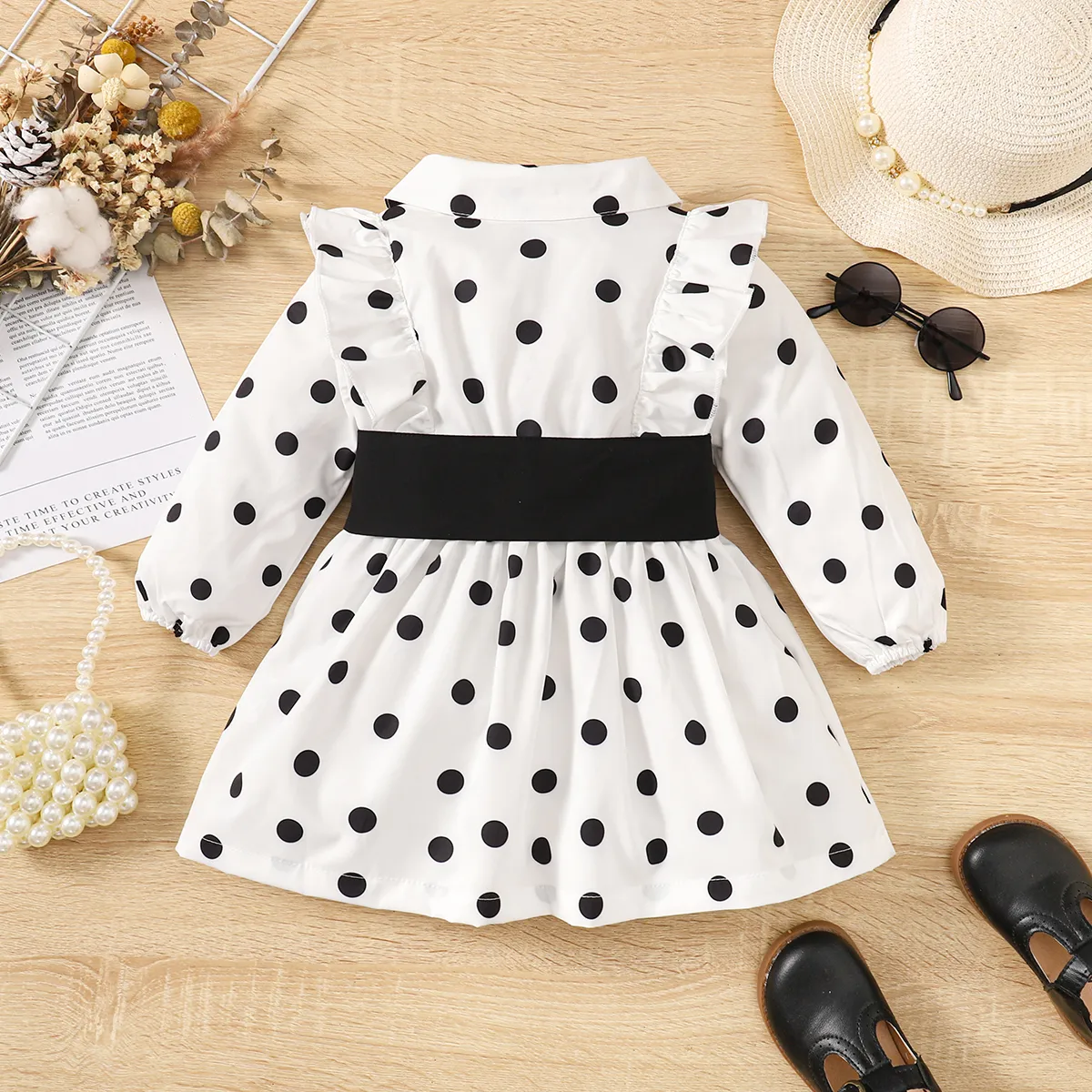 Toddler Girl Polka Dots Ruffle Trim Long-sleeve Belted Dress  Black/White image 3