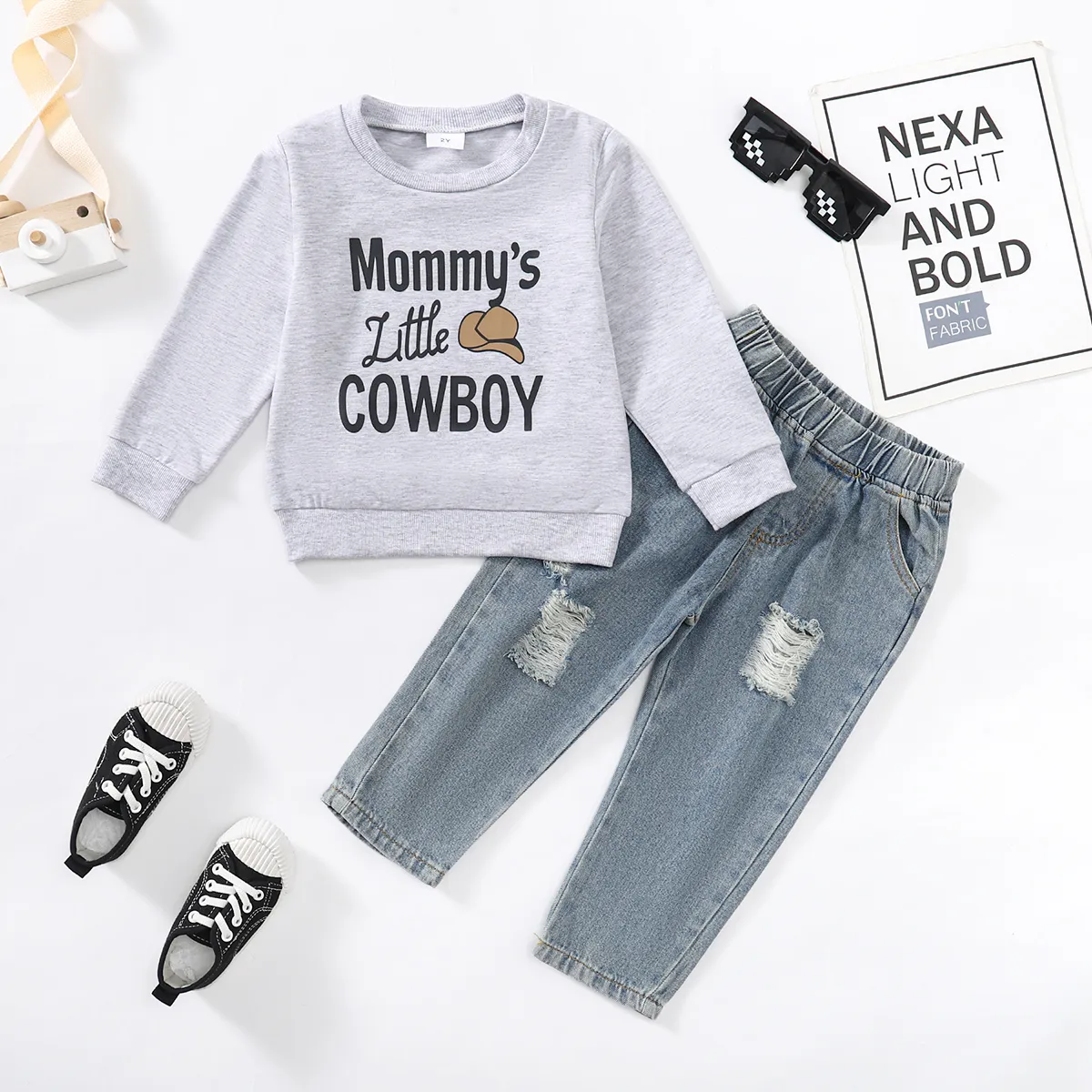 2pcs Toddler Boy Letter Print Pullover Sweatshirt and Ripped Jeans Set  Grey big image 1
