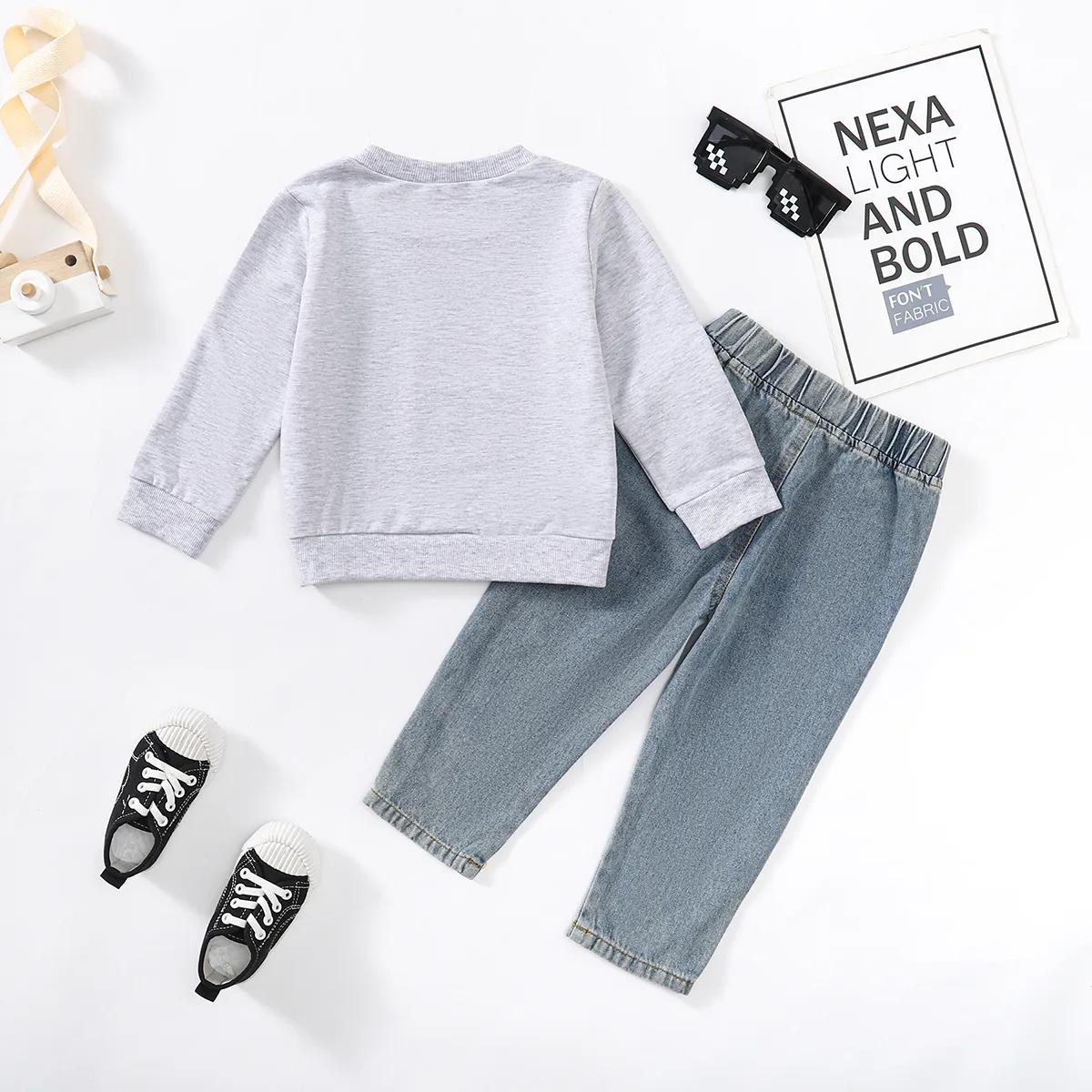 2pcs Toddler Boy Letter Print Pullover Sweatshirt and Ripped Jeans Set  Grey big image 1