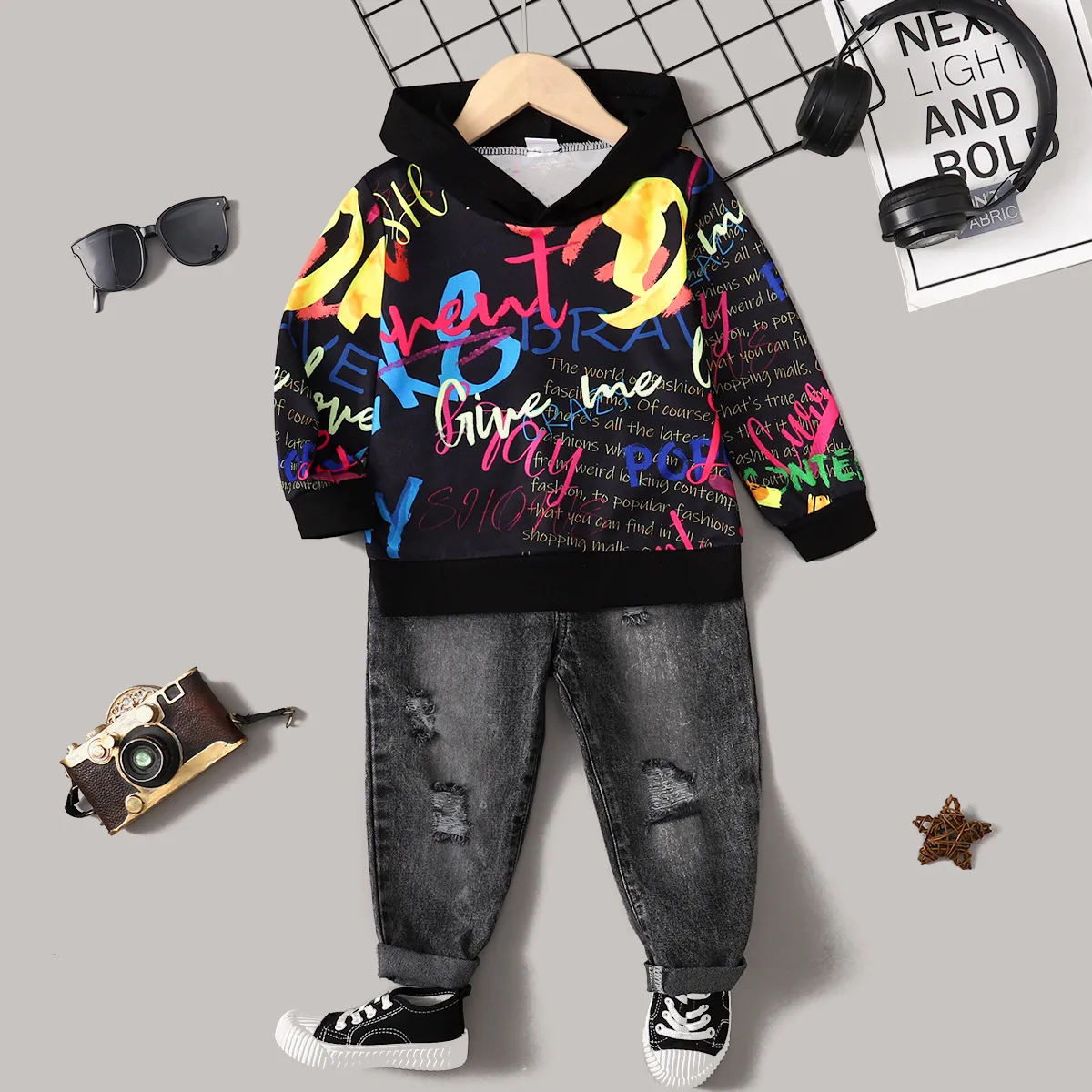 2pcs Toddler Boy Avant-garde Letter Set Black image 3