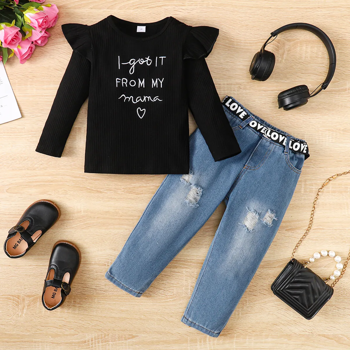 3 Stück Kleinkinder Mädchen Flatterärmel Avantgardistisch T-Shirt-Sets schwarz big image 1