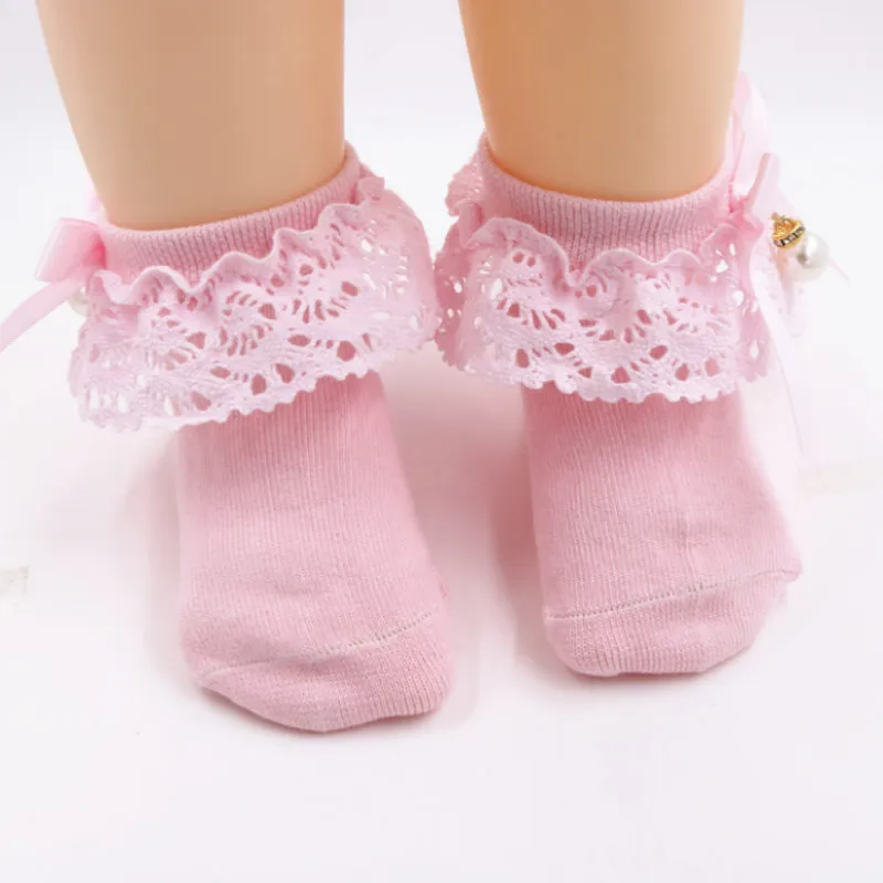 Baby / Toddler Girl Bow Decor Lace Design Pearl Decor Socks Pink image 2
