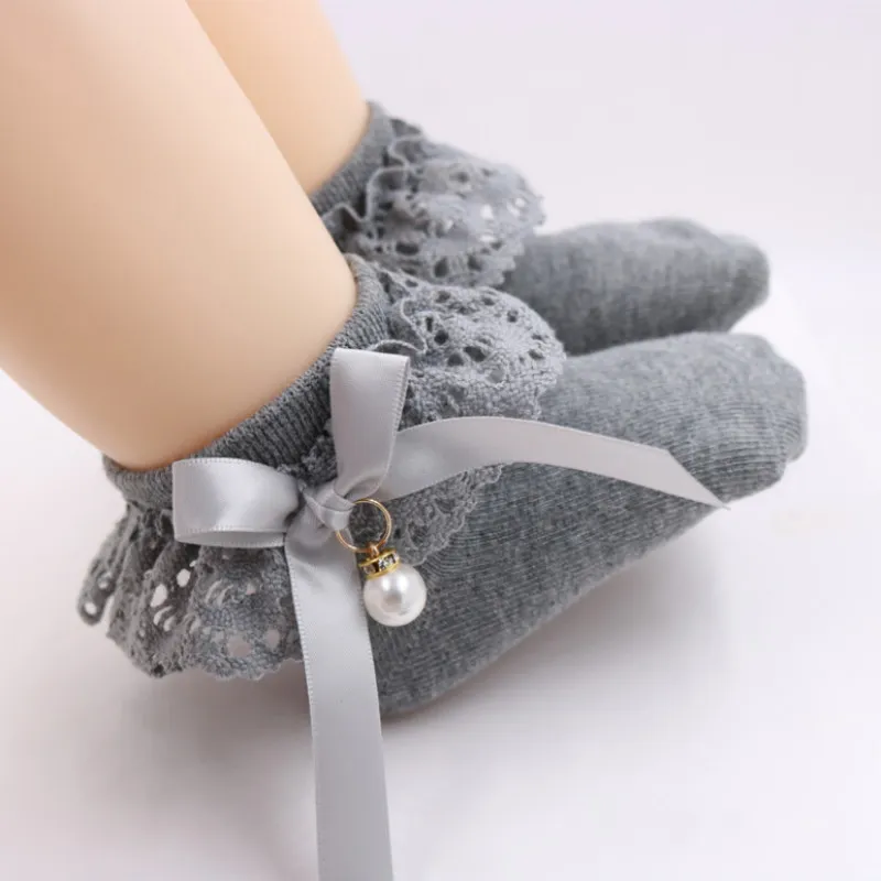 niña / niño pequeño arco calcetines decoración de diseño de la perla de encaje decoración Gris big image 1