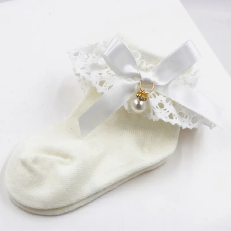 Baby / Toddler Girl Bow Decor Lace Design Pearl Decor Socks Creamy White image 2