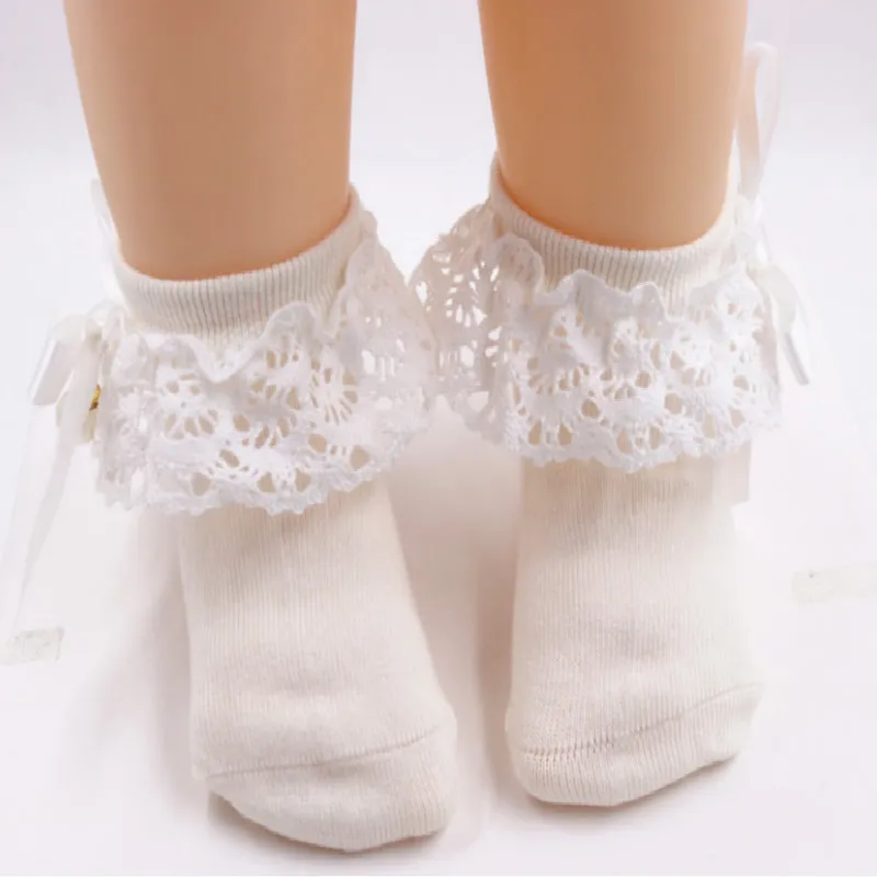 Baby / Toddler Girl Bow Decor Lace Design Pearl Decor Socks Creamy White image 4
