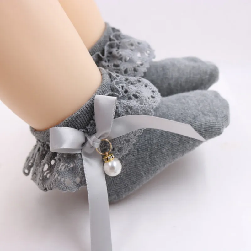 Baby / Toddler Girl Bow Decor Lace Design Pearl Decor Socks Grey big image 1