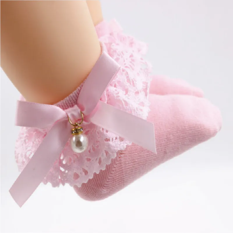 Bebé / niña pequeña Bow Decor Lace Design Pearl Decor Socks Rosado big image 1