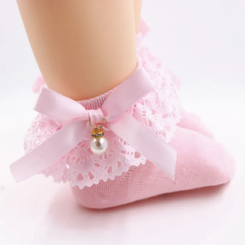 Bebé / niña pequeña Bow Decor Lace Design Pearl Decor Socks Rosado big image 1