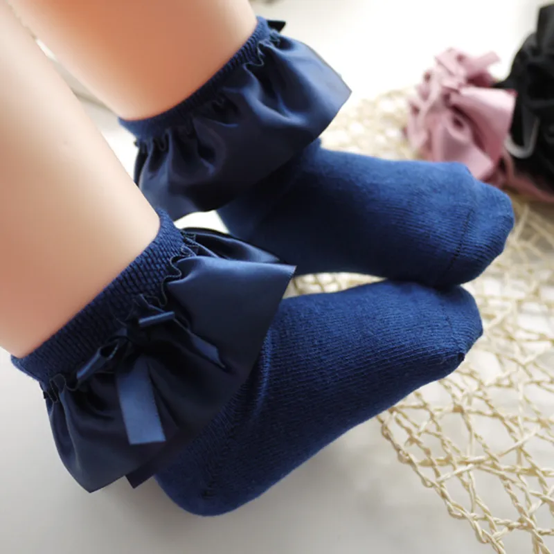 Baby / Toddler Girl Bow Decor Silk Design Stretchy Solid Socks Blue