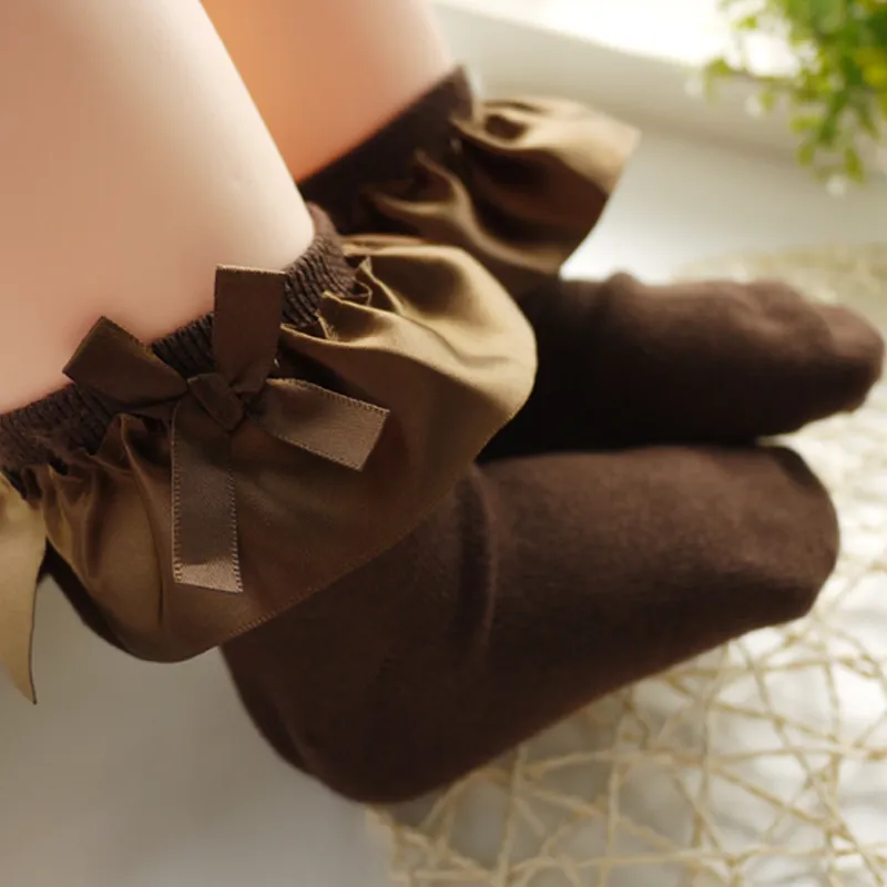 Baby / Toddler Girl Bow Decor Silk Design Stretchy Solid Socks Coffee