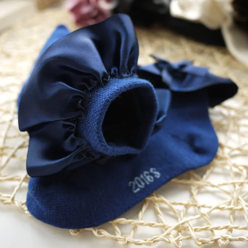 嬰兒/學步女孩蝴蝶結裝飾絲綢設計彈力純色襪子 藍色 big image 1