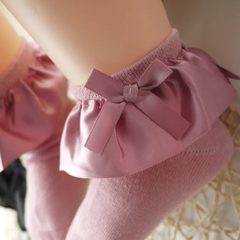 Meias elásticas de desenho de nó de laço decorativo em seda de cor sólida para bebé menina / criança Rosa big image 1