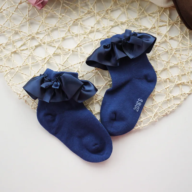 嬰兒/學步女孩蝴蝶結裝飾絲綢設計彈力純色襪子 藍色 big image 1