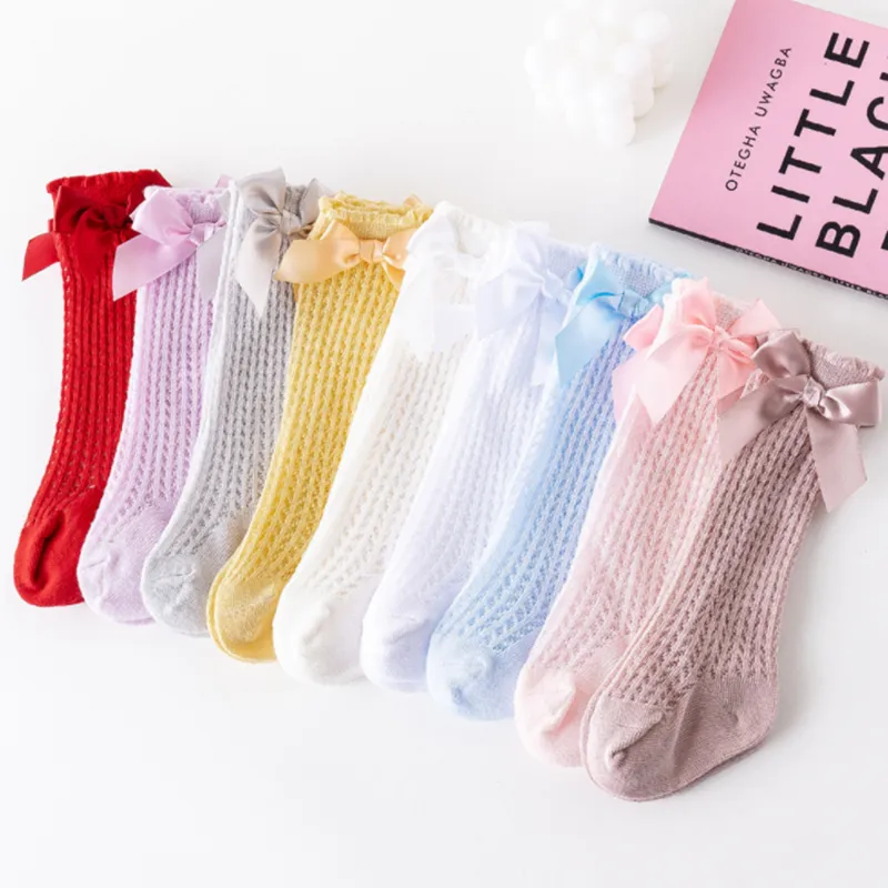 Baby Solid Bowknot Breathable Middle Socks White big image 1