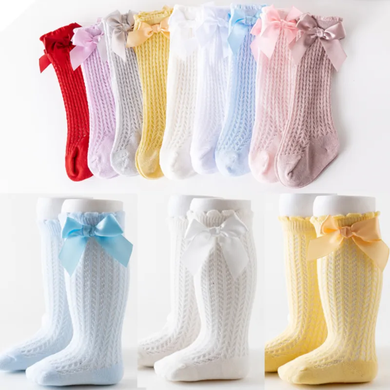 Baby Solid Bowknot Breathable Middle Socks White big image 1
