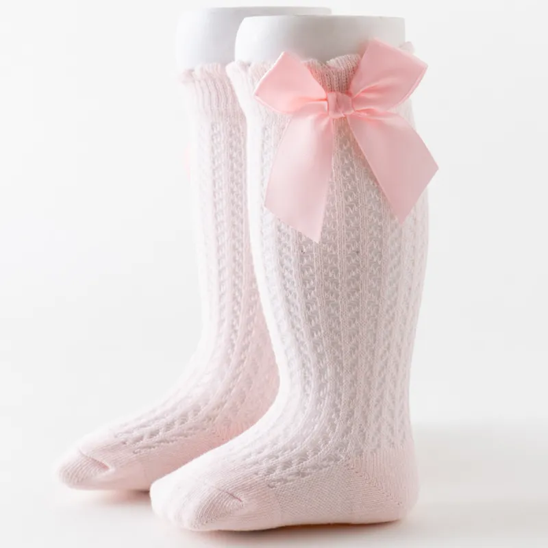 Baby Solid Bowknot Breathable Middle Socks Light Pink big image 1