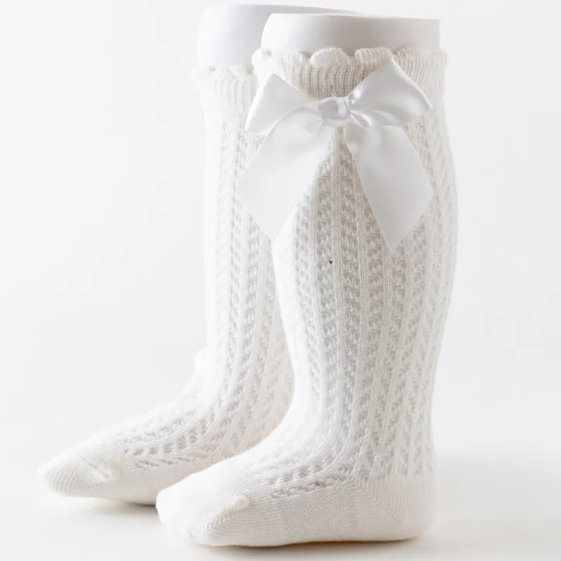 Baby Solid Bowknot Breathable Middle Socks Creamy White