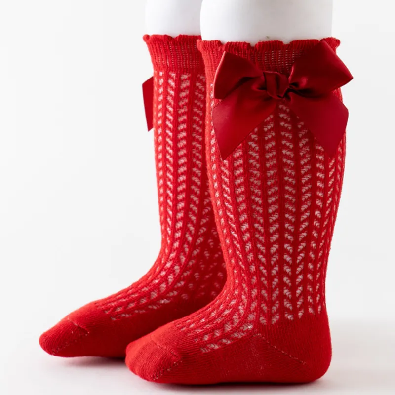 Baby Solid Bowknot Breathable Middle Socks Red