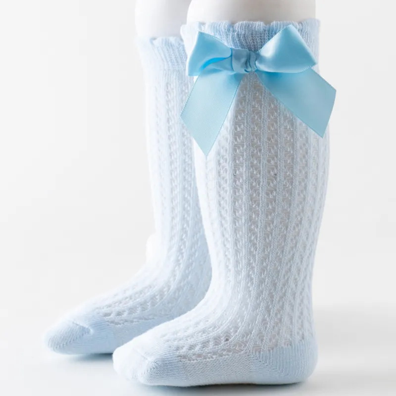 Baby Solid Bowknot Breathable Middle Socks Light Blue