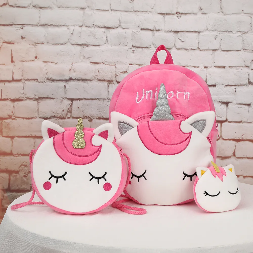 Pacote de 3 mochilas de pelúcia de unicórnio para crianças e conjunto de bolsa e bolsa transversal Rosa Escuro