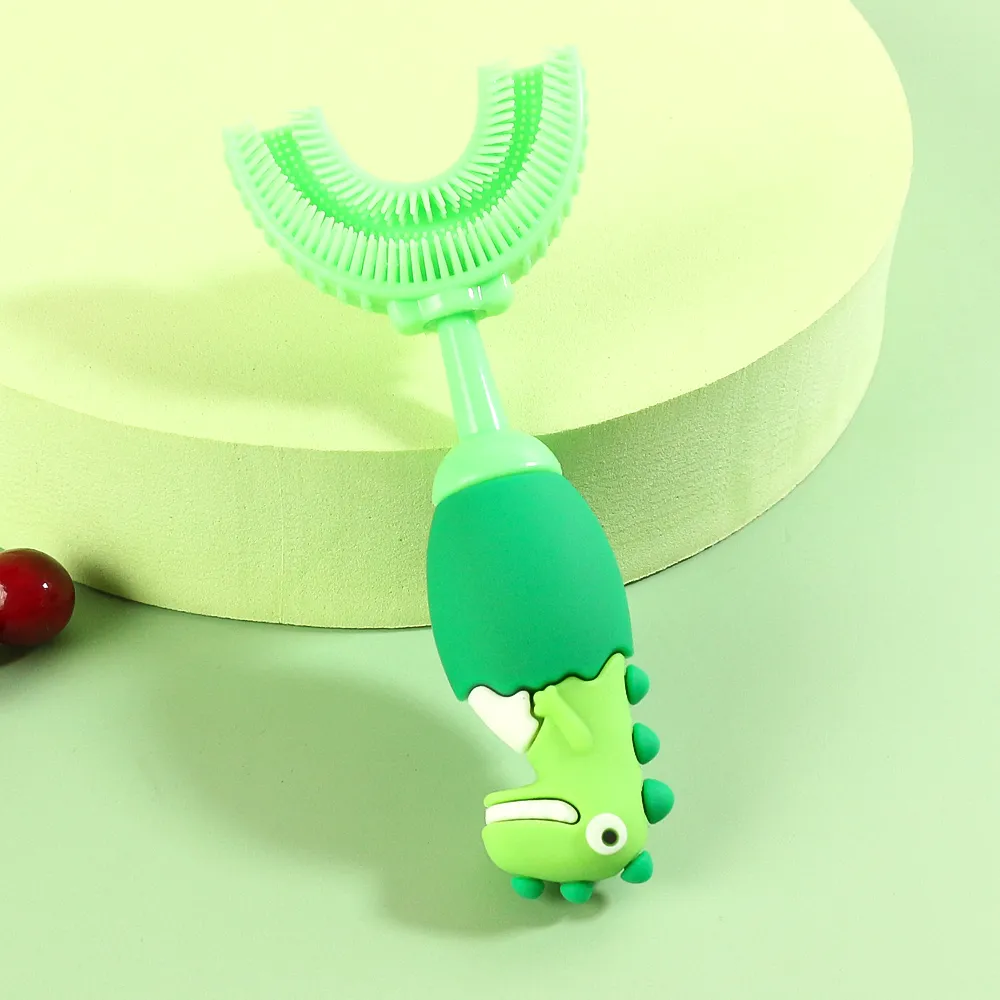 Kids Cartoon Dinosaur U Shaped Silicone Toothbrush Toddlers Manual Whole Mouth Silicone Tooth Brush Teeth Cleaning Light Green big image 1