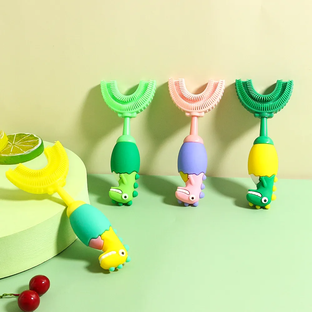 Kids Cartoon Dinosaur U Shaped Silicone Toothbrush Toddlers Manual Whole Mouth Silicone Tooth Brush Teeth Cleaning Light Green image 2