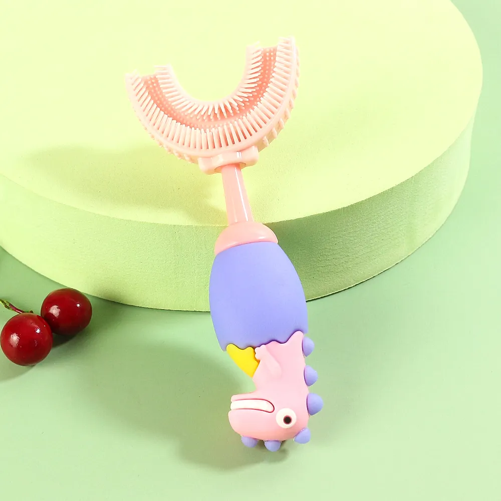 Kids Cartoon Dinosaur U Shaped Silicone Toothbrush Toddlers Manual Whole Mouth Silicone Tooth Brush Teeth Cleaning Pink