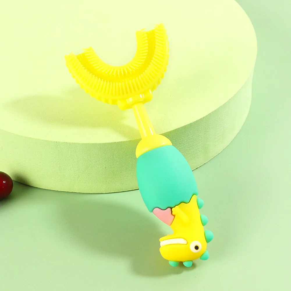 Kids Cartoon Dinosaur U Shaped Silicone Toothbrush Toddlers Manual Whole Mouth Silicone Tooth Brush Teeth Cleaning Yellow