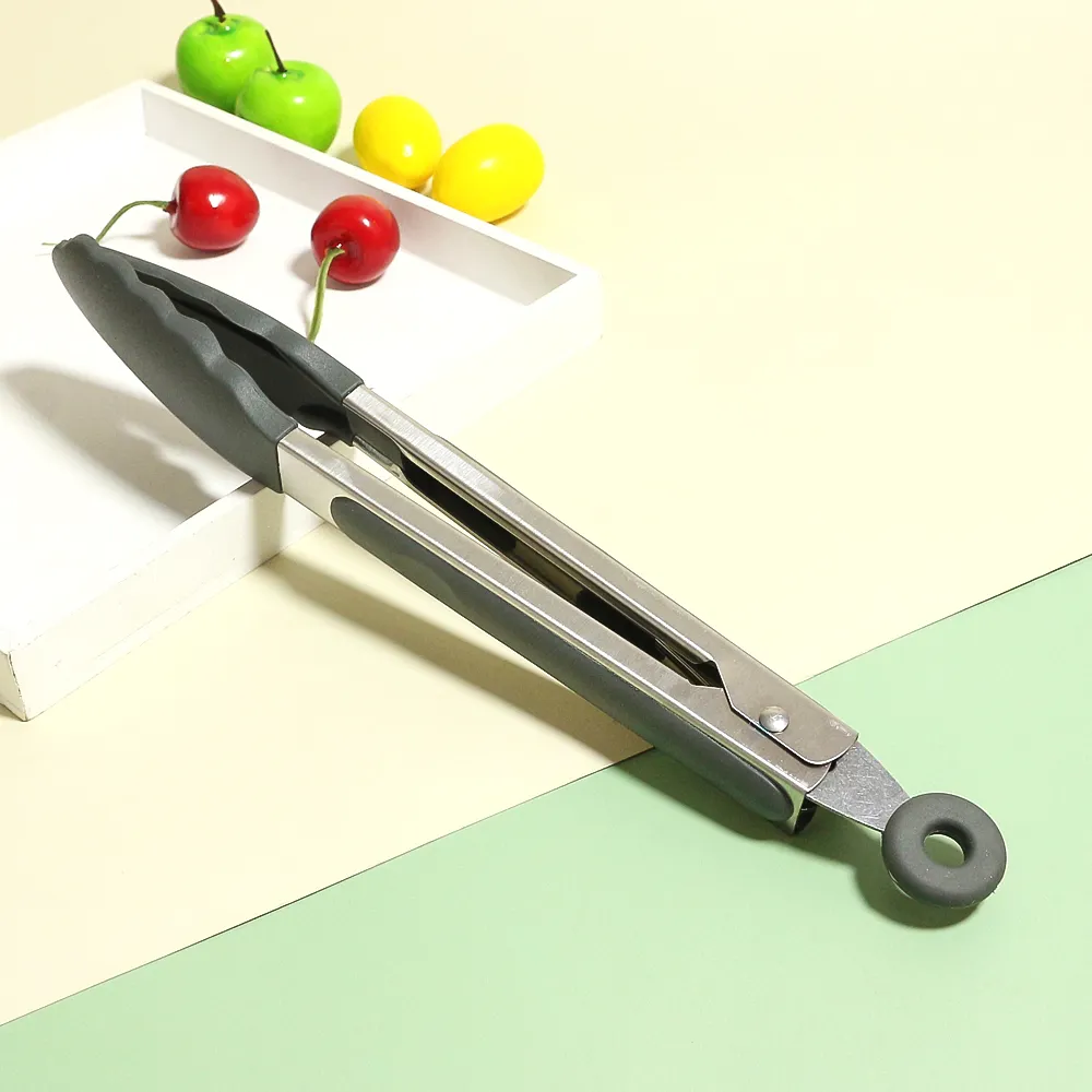 Stainless Steel Locking Kitchen Tongs with High-Temperature Resistant Silicone Tips Grey