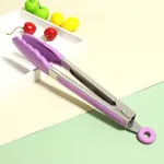 Stainless Steel Locking Kitchen Tongs with High-Temperature Resistant Silicone Tips Purple