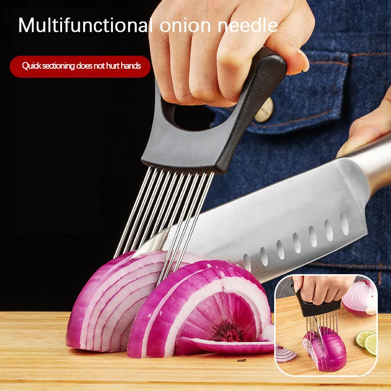 Stainless Steel Plastic Handle Onion Needle Fruit Vegetable Holder Multifunctional Kitchen Gadget Black big image 1