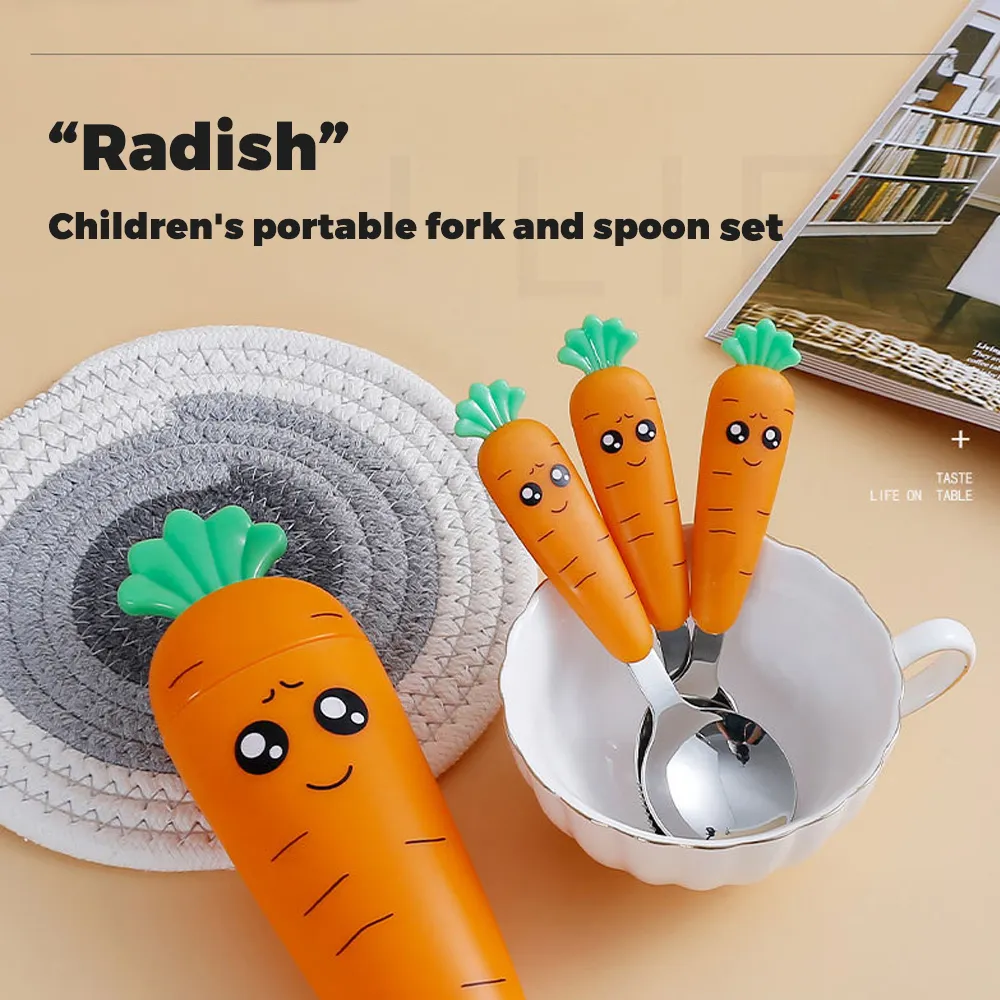 4-حزمة الإبداعية الكرتون الجزرة نمط ملعقة شوكة أدوات المائدة المحمولة للأطفال مع مجموعة مربع البرتقالي big image 1