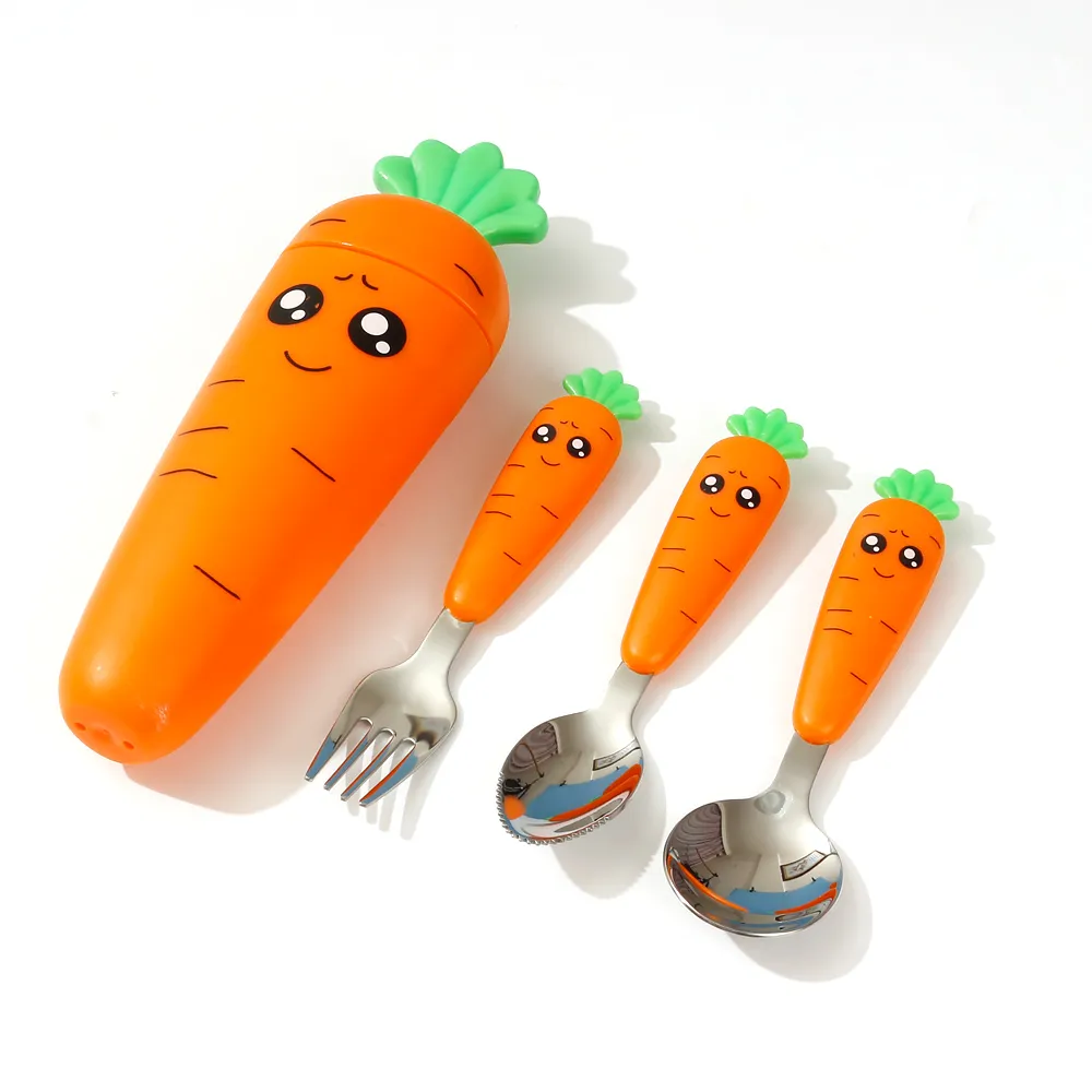 4-pack Creative Cartoon Carrot Pattern Spoon Fork Portable Children's Tableware with Box Set  big image 1